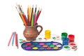 Paints and colored pencils Royalty Free Stock Photo