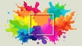 Paints explosion square frames, powder clouds borders with empty space. Pink, orange and green Holi color splashes, backgroun...