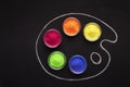 Paints for Holi in palette, drawn in chalk