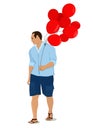 Vector illustration of a young brunette man in summer clothes with red balloons in his hands Royalty Free Stock Photo