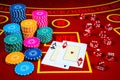 A pair of aces, casino chips and dice on a red gambling table in a casino. Set for playing poker, roulette, craps or