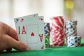 Pair of aces and poker chips, texas hold`em poker Royalty Free Stock Photo