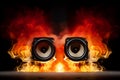 Pair of acoustic audio speakers in burning fire flames. Generative AI