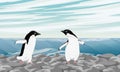 A pair of Adelie Penguin walk along a pebbly beach near the ocean.