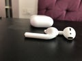 A pair of airpod on laptop