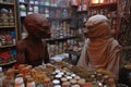 pair of aliens haggling over price of spices in bustling bazaar Royalty Free Stock Photo