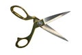 An open pair of crafting scissors with gold colored handles