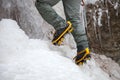 Pair of alpinist boots in crampons Royalty Free Stock Photo