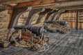 Pair of ancient cannons with ropes on a wooden deck of an old galleon Royalty Free Stock Photo