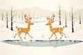 pair of animated deer following snowshoe path across pond Royalty Free Stock Photo