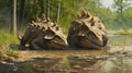 A pair of Ankylosaurs basking in the warm muddy shallows their armored bodies protected from any lurking predators Royalty Free Stock Photo