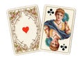 Antique playing cards showing a queen and ace.