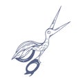 Pair of antique scissors shaped in fancy bird design. Sewing or embroidery sheers with blades similar to crane or stork