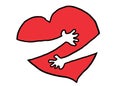 A pair of arms and hands hugging a red heart shape against a white backdrop