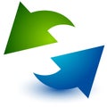 Pair of arrows in circle. Circular arrows. Recycling, loop or cycle icon, symbol in green and blue colors