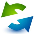 Pair of arrows in circle. Circular arrows. Recycling, loop or cycle icon, symbol in green and blue colors Royalty Free Stock Photo