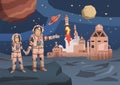 Pair of astronauts observing alien planet with space colony and launching starships on the background. Space travelling