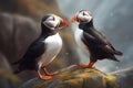 A pair of Atlantic Puffins stand on an Icelandic rock beak to beak AI generated