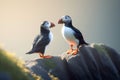 A pair of Atlantic Puffins stand on an Icelandic rock beak to beak AI generated