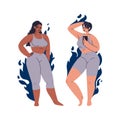 A pair of attractive women. Different female characters in a gray tight-fitting tracksuit. Set of overweight women on a