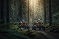 pair of atvs, side by side, in the forested wilderness