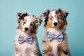 Pair of Australian Shepherd dogs with bowties on pastel blue background