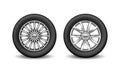 Pair of auto tires with protective rubber rims and metal disks for car safety and driving