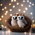 A pair of baby owls nestled in a nest adorned with twinkling Christmas lights2
