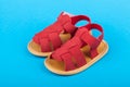 Pair of baby sandals shoes on blue background