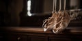 A pair of ballet shoes hanging by their ribbons, evoking the grace and discipline of dance, concept of Artistic