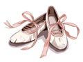 A Pair Of Ballet Shoes With Pink Ribbon - Brand new ballet shoes on a white background Royalty Free Stock Photo