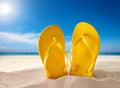 pair of beach slippers on the sandy beach Royalty Free Stock Photo