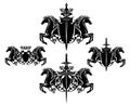 Black and white vector heraldry with shield, sword, crown and pair of horse heads Royalty Free Stock Photo