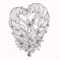 A pair of beautiful unicorns with a long mane in roses. Black and white. Vector