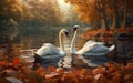 A pair of beautiful white swans are swimming in the lake among the leaves. Fantasy, Minimal, Clean, 3D Render, Surrealistic, Royalty Free Stock Photo