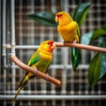 A pair of beautiful yellow parrot called lovebird perch on a white stick in a cage Royalty Free Stock Photo