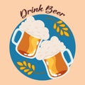Pair of beer mugs with foam and wheat Vector