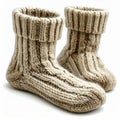 Pair of Beige Knitted Wool Socks Isolated on White Background Royalty Free Stock Photo