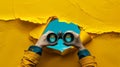 A pair of binoculars emerges through a torn yellow paper against a blue background.. AI generated Royalty Free Stock Photo