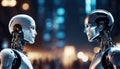 A pair of bionic robots opposite each other. future technologies. Scientific progress. Generative ai. AI