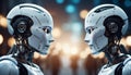 A pair of bionic robots opposite each other. future technologies. Scientific progress. Generative ai. AI