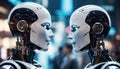 A pair of bionic robots opposite each other. future technologies. Scientific progress. Generative ai. AI