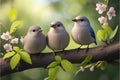 A pair of birds on a branch of sakura in spring