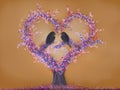 Pair of birds in love heart-shaped tree Royalty Free Stock Photo