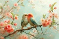 A pair of birds rests on top of a tree branch, observing their surroundings, A whimsical image of two lovebirds perched on a Royalty Free Stock Photo