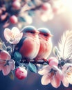 A pair of birds with soft pink and blue feathers sit on a branch with spring charry flowers Royalty Free Stock Photo