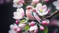A pair of birds with soft pink and blue feathers sit on a branch with spring charry flowers Royalty Free Stock Photo