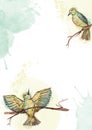 A pair of birds on a tree branch, on a white background, a template for a postcard, text Royalty Free Stock Photo