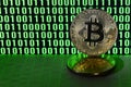 A pair of bitcoins lies on a cardboard surface on the background of a monitor depicting a binary code of bright green zeros and on