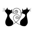 A pair of black cats sitting together with curled tails. Pets. Silhouettes of lovers. Hand drawn illustration for design